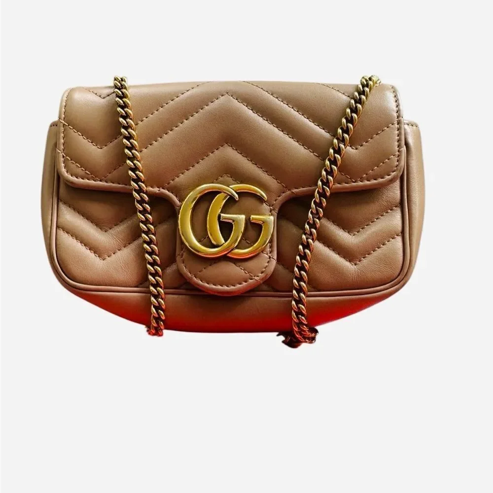 Gucci Marmont double G mini Beige Leather Crossbody Bag with Gold Chain - Picture 4 of 11